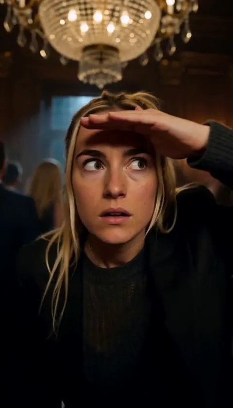 A blonde woman with one hand flat above her eyebrows, eyes wide and looking to one side