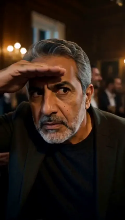 A grey-haired man with a beard holding a flat hand above his eyebrows and frowning into the room
