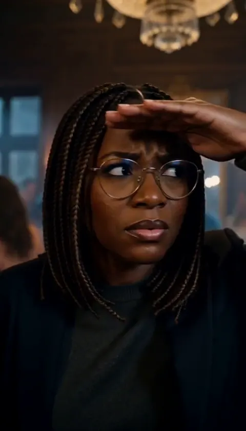 A woman with braids and round glasses holding a flat hand above the frames of her glasses