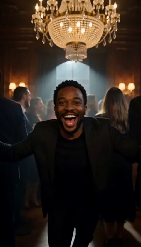 The same man laughing with his arms out as he comes toward the camera