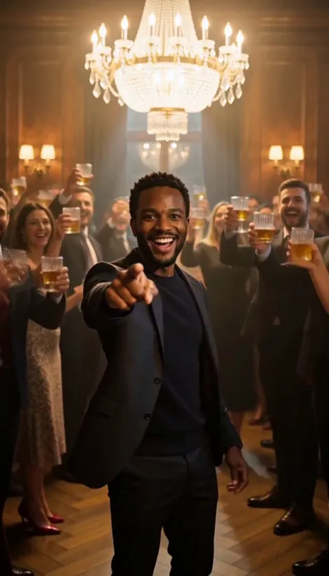 The same man pointing at the camera while the crowd behind him cheers with raised glasses